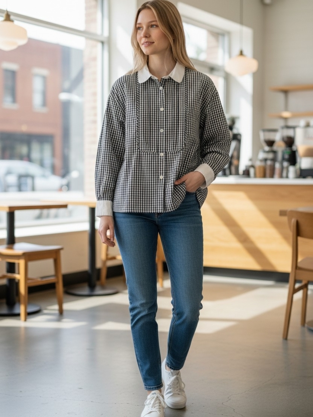 J.Crew Gingham Button-Down Shirt Size Small Black White Cropped Boxy Top